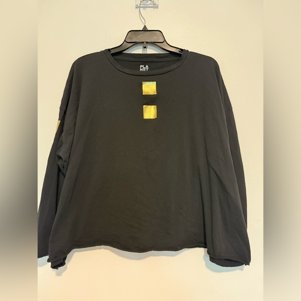 Planet By Lauren G Long Sleeve Shirt Teal One Size Pima Cotton Graphic Raw Hem